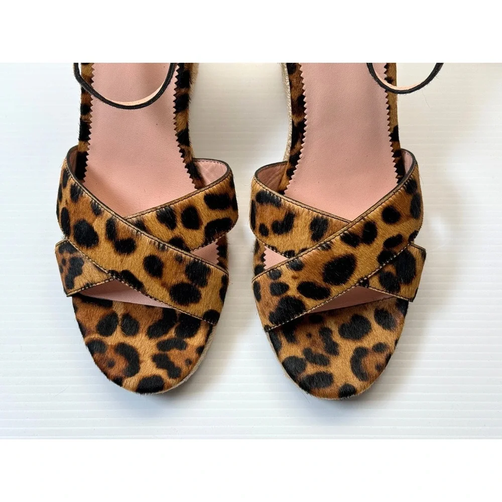 J Crew Jute Wedge Sandal Women 10 NWOB Espadrille  Leopard Calf Hair Ankle Strap